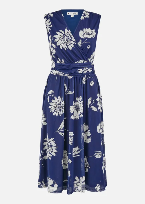 Yumi Navy Floral Print Stretch Mesh Dress With Pockets - 10 Image 3