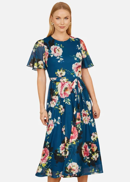 Yumi Green Mesh Floral Midi Dress With Angel Sleeves - 8 Image 1