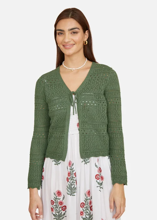 Yumi Green Crochet Tie Front Cardigan - Medium Image 2