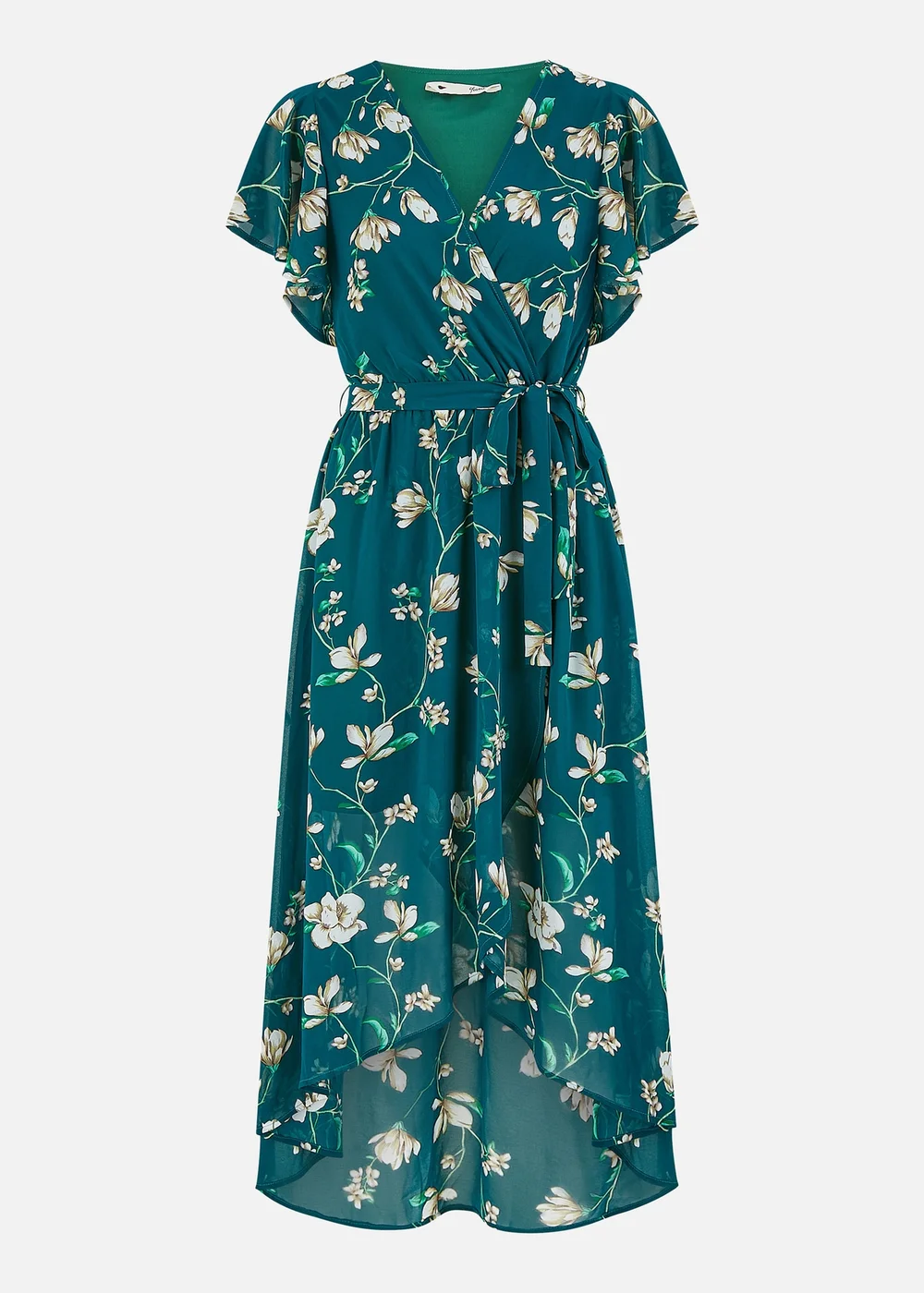 Yumi Green Floral Wrap Midi Dress With Frill Hem - 18 Image 3