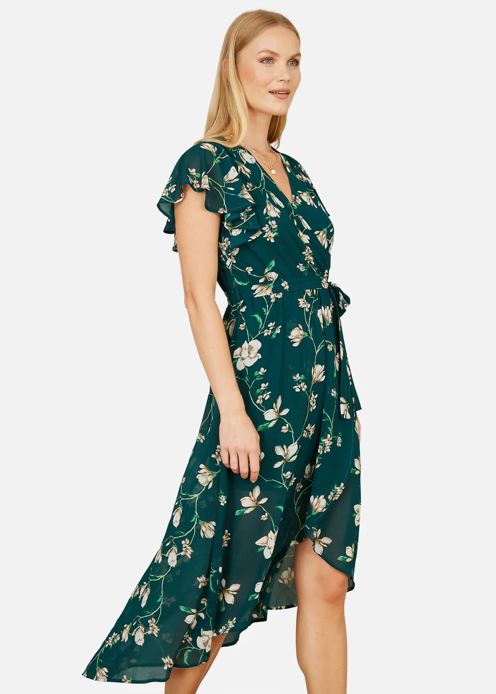 Yumi Green Floral Wrap Midi Dress With Frill Hem - 24 Image 2