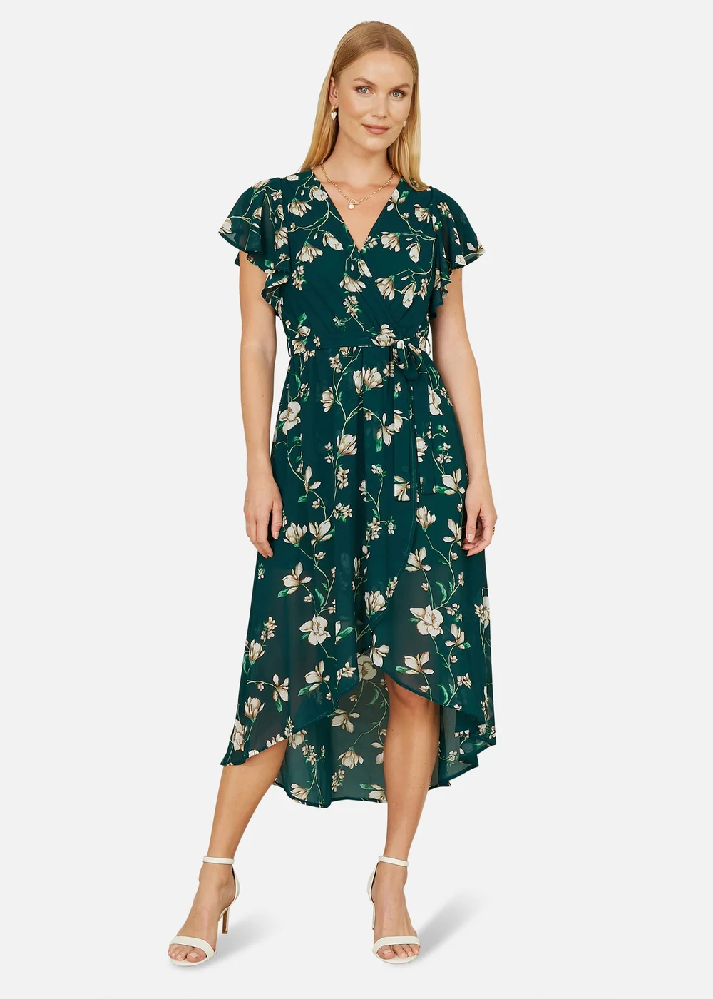 Yumi Green Floral Wrap Midi Dress With Frill Hem - 24 Image 1