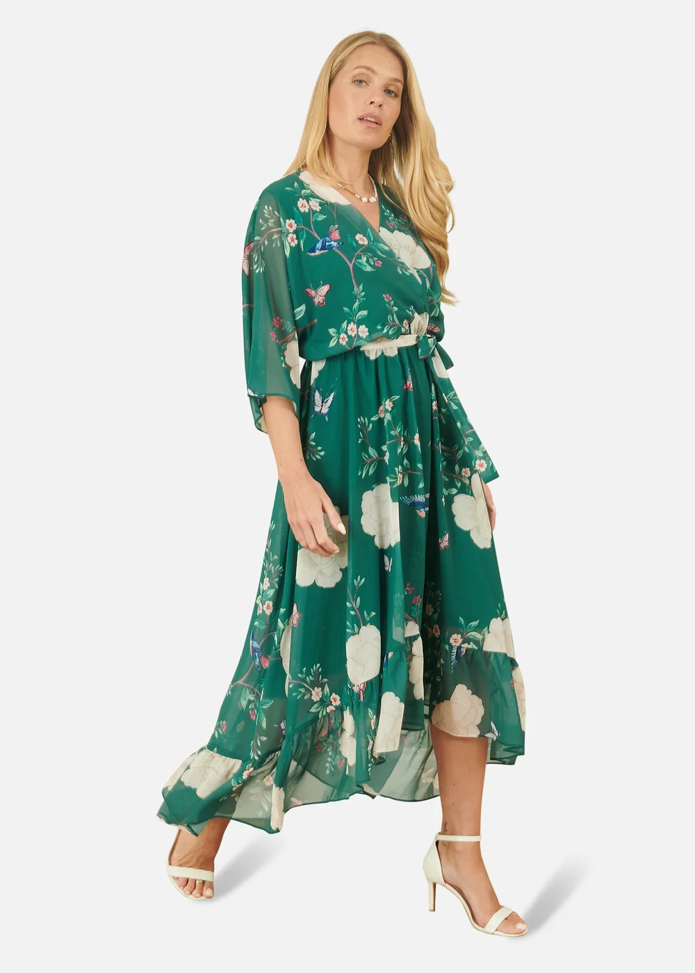 Yumi Green Bird & Floral Print Midi Wrap Dress - 24 Image 1