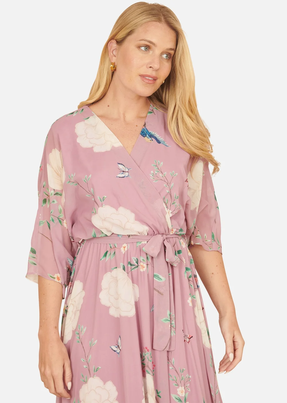 Yumi Pink Bird & Floral Print Midi Wrap Dress - 14 Image 2
