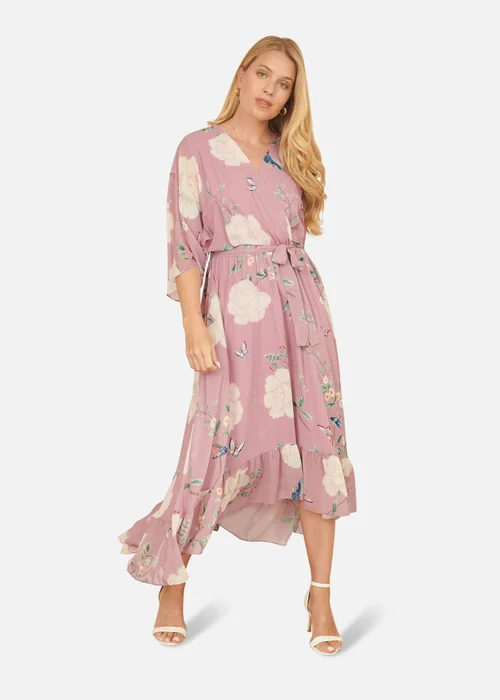 Yumi Pink Bird & Floral Print Midi Wrap Dress - 14 Image 1