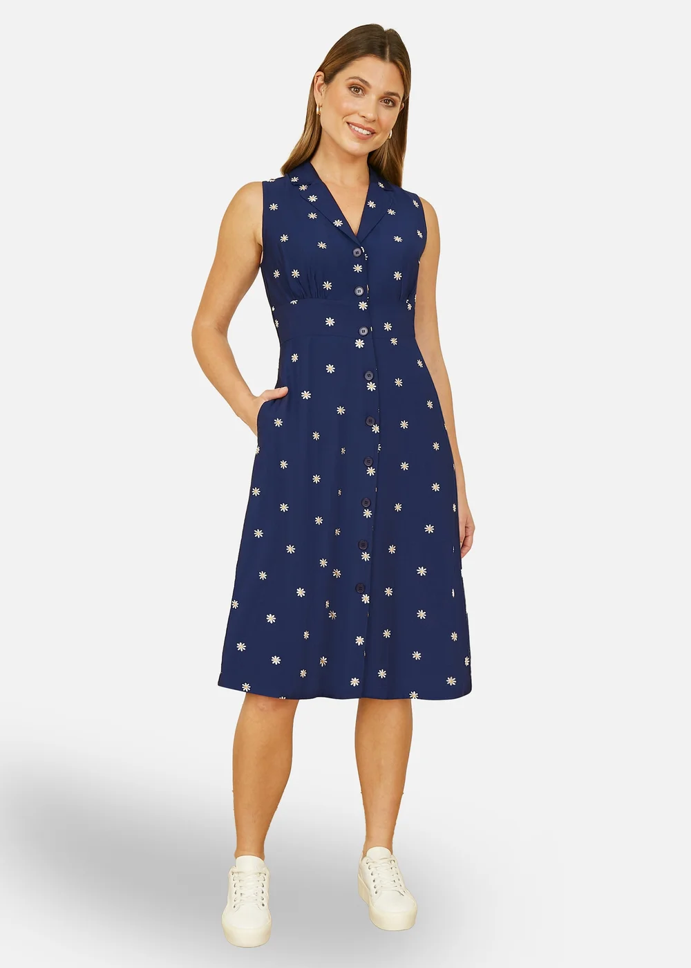 Yumi Navy Daisy Print Sleeveless Shirt Dress - 10 Image 2