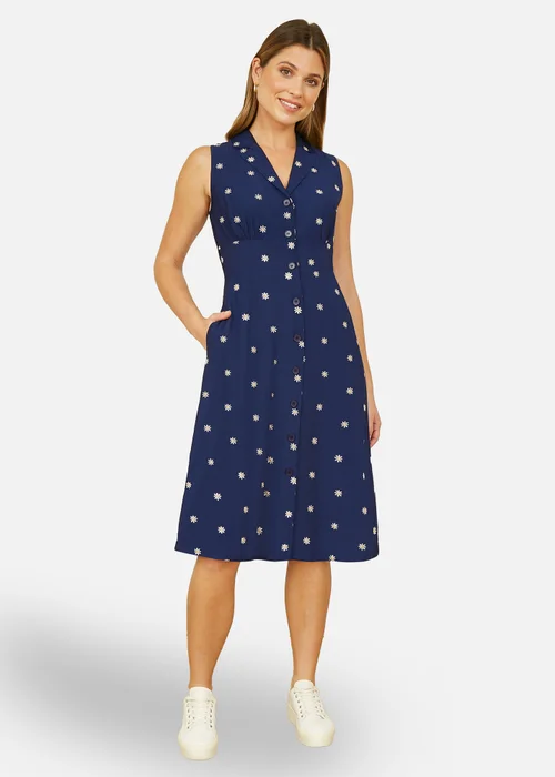 Yumi Navy Daisy Print Sleeveless Shirt Dress - 10 Image 2
