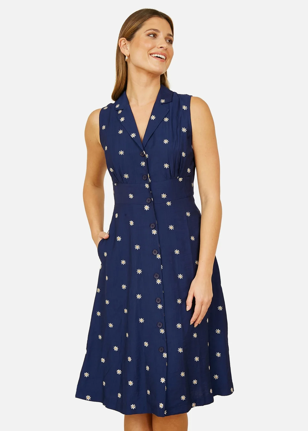 Yumi Navy Daisy Print Sleeveless Shirt Dress - 10 Image 1