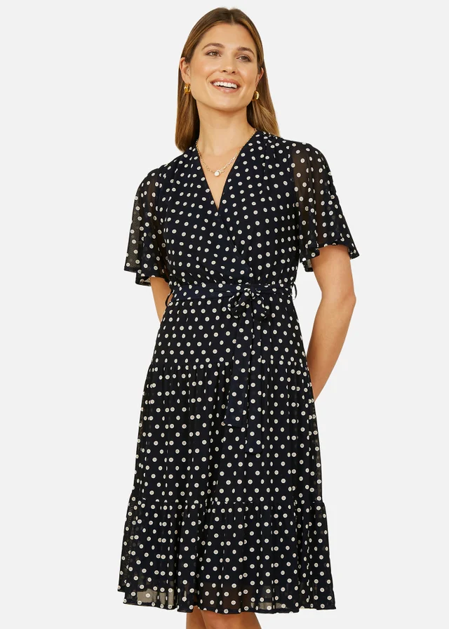 Yumi Navy Dot Print V-Neck Midi Skater Dress