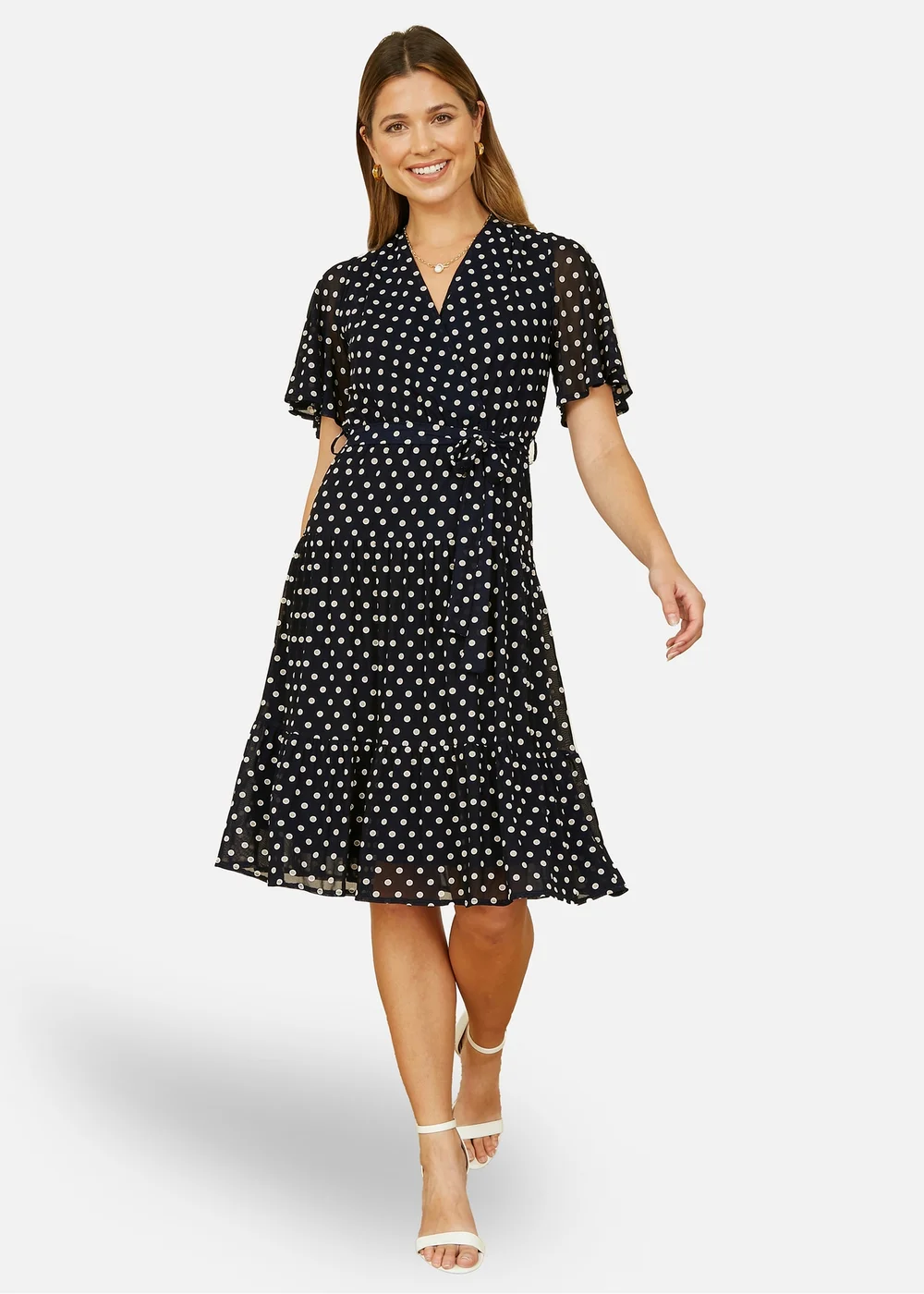 Yumi Navy Dot Print V-Neck Midi Skater Dress - 26 Image 2
