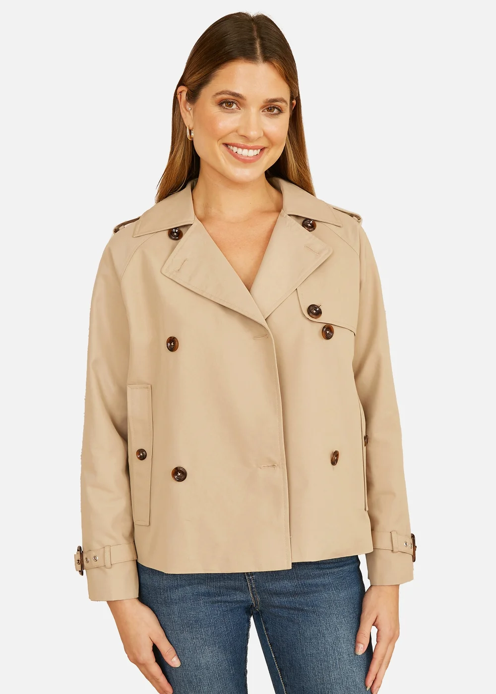 Yumi Beige Cropped Trench Jacket With Pockets & Check Lining - 10 Image 1