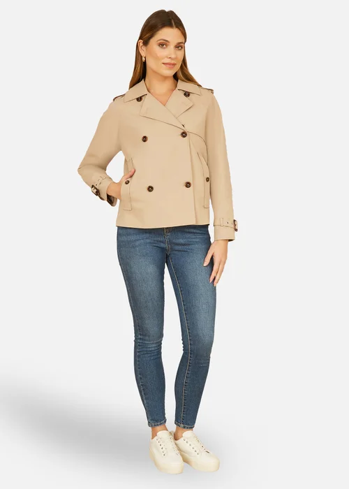 Yumi Beige Cropped Trench Jacket With Pockets & Check Lining - 10 Image 2