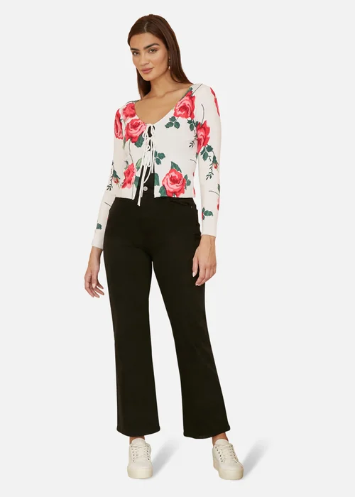 Yumi White Rose Print Cardigan With Tie Front - Small Image 1