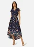Yumi Navy Butterfly Print Dip Hem Midi Wrap Dress - 12 Image 2