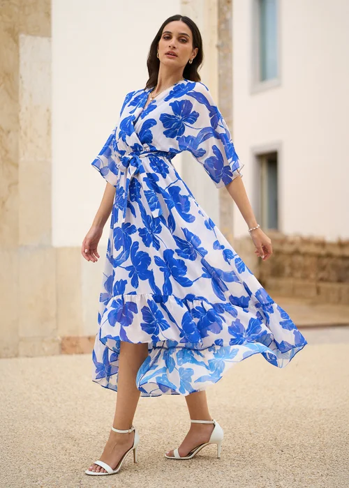 Yumi Navy Kimono Sleeves Midi Dip Hem Wrap Midi Dress - 8 Image 1