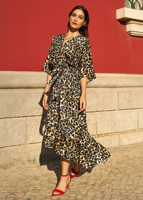 Yumi Brown Leopard Midi Wrap Dress With Kimono Sleeves - 12 Image 1