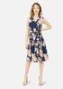 Yumi Navy Rose Printed Wrap Over Sleeveless Skater Dress - 10 Image 1