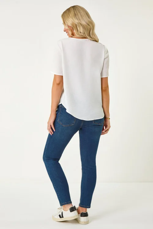 Roman White Petite V-Neck Button Through Blouse - Size 8 Image 3