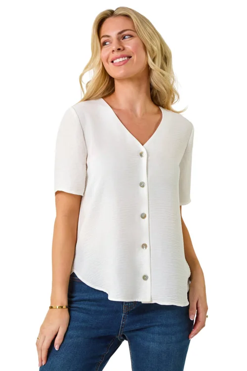 Roman White Petite V-Neck Button Through Blouse - Size 8 Image 1