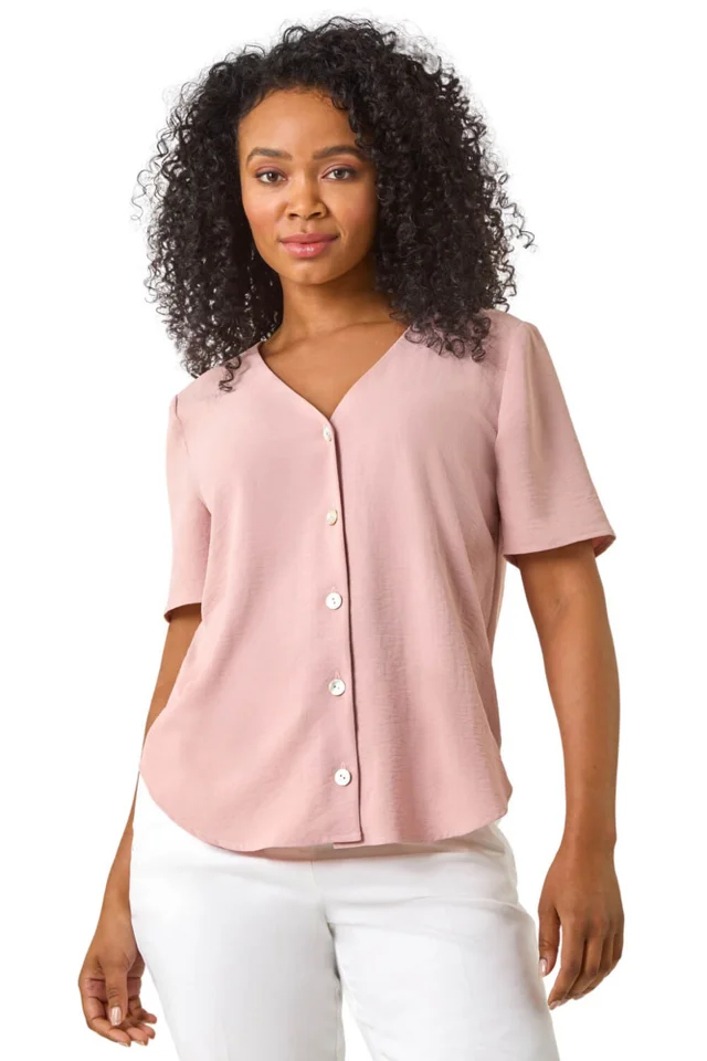Roman Light Pink Petite V-Neck Button Through Blouse