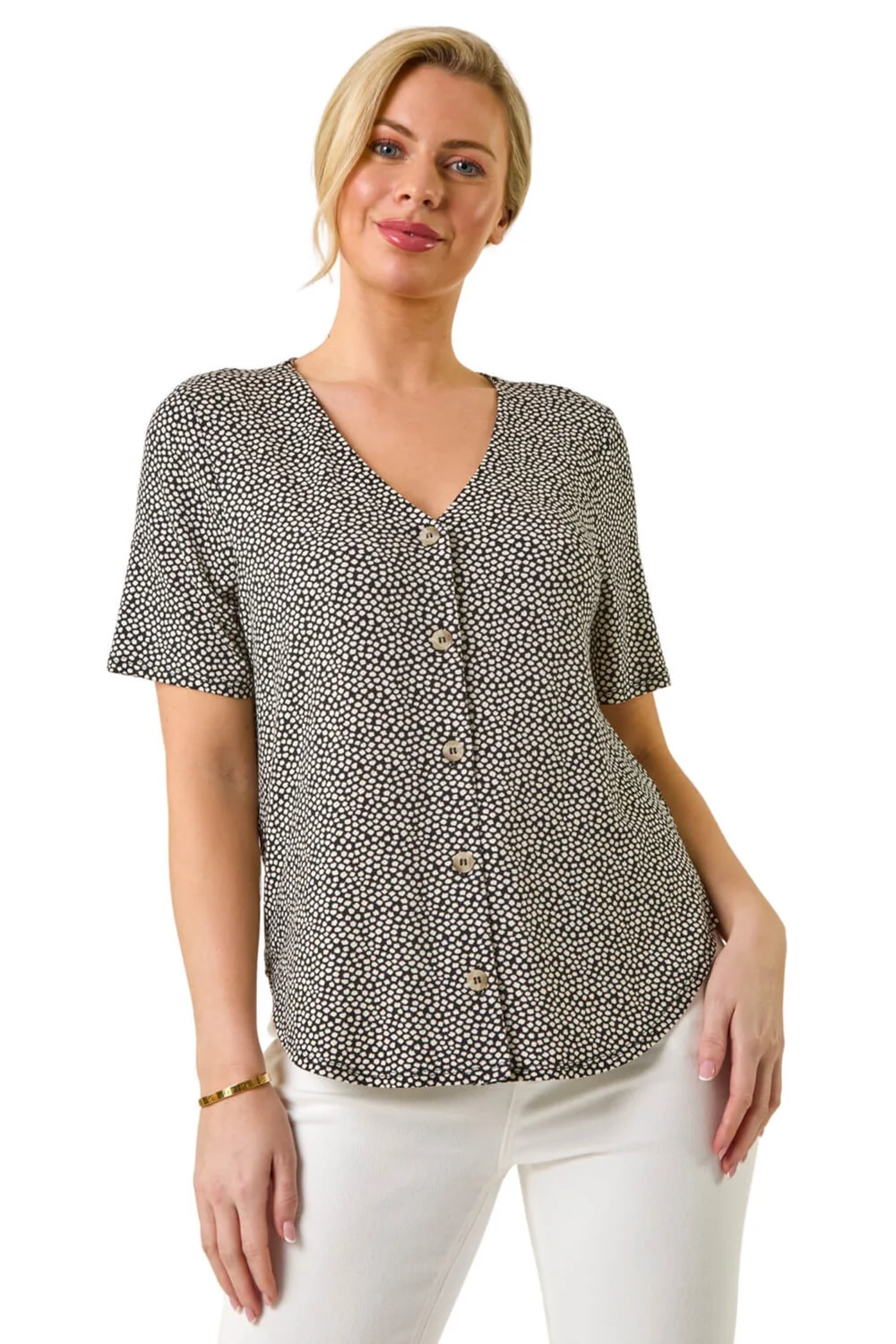 Roman Black Petite Spot V-Neck Stretch Blouse - Size 14 Image 1