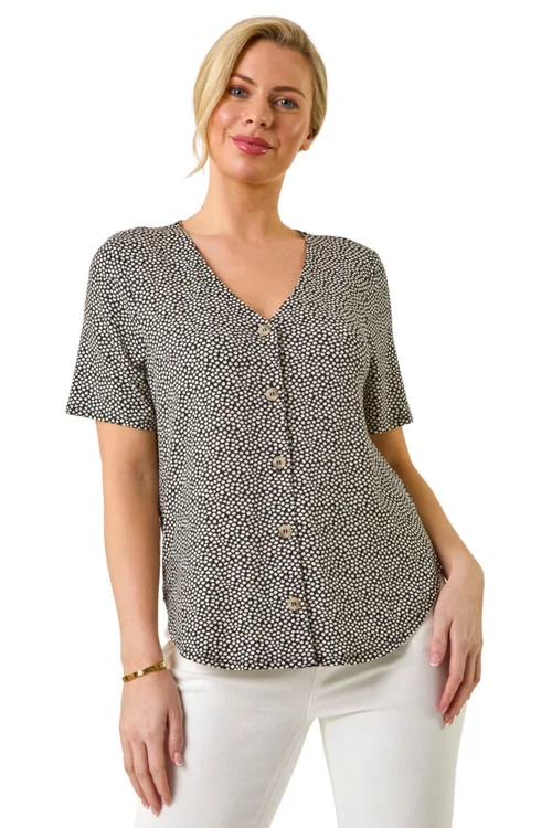 Roman Black Petite Spot V-Neck Stretch Blouse - Size 14 Image 1