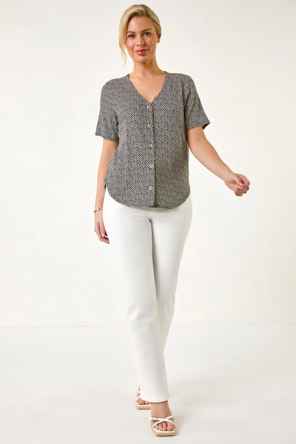 Roman Black Petite Spot V-Neck Stretch Blouse - Size 14 Image 2