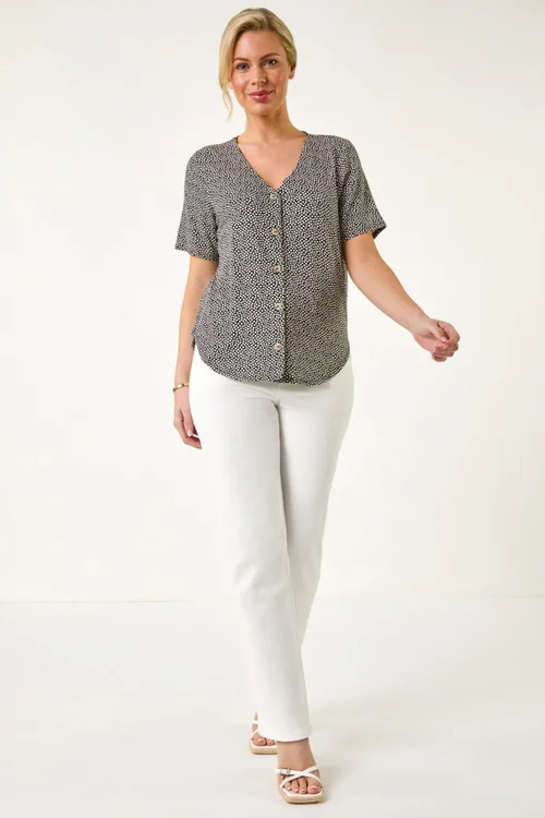 Roman Black Petite Spot V-Neck Stretch Blouse - Size 14 Image 2