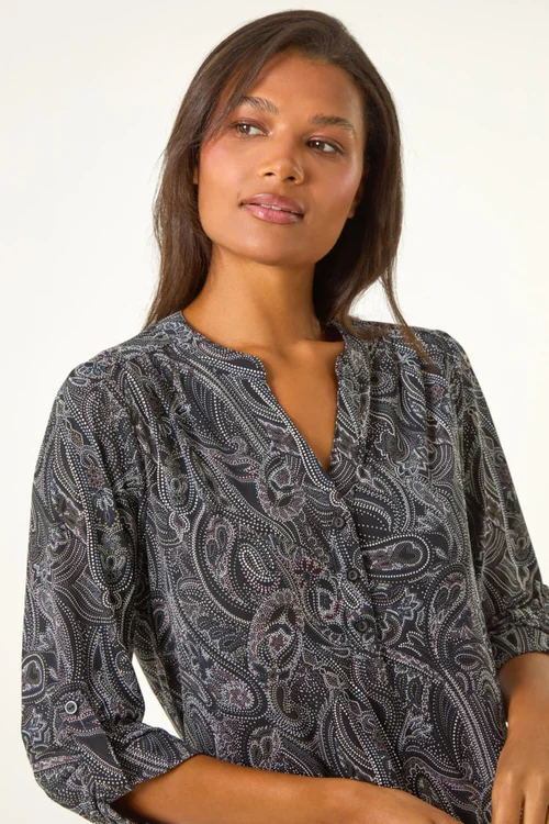 Roman Grey Textured Paisley Print Stretch Blouse - Size 10 Image 4