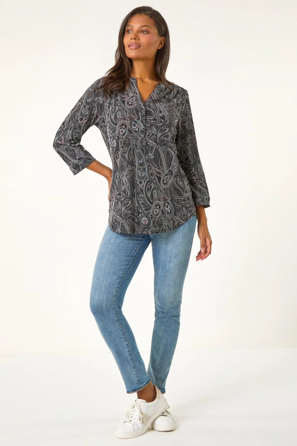 Roman Grey Textured Paisley Print Stretch Blouse - Size 10 Image 2