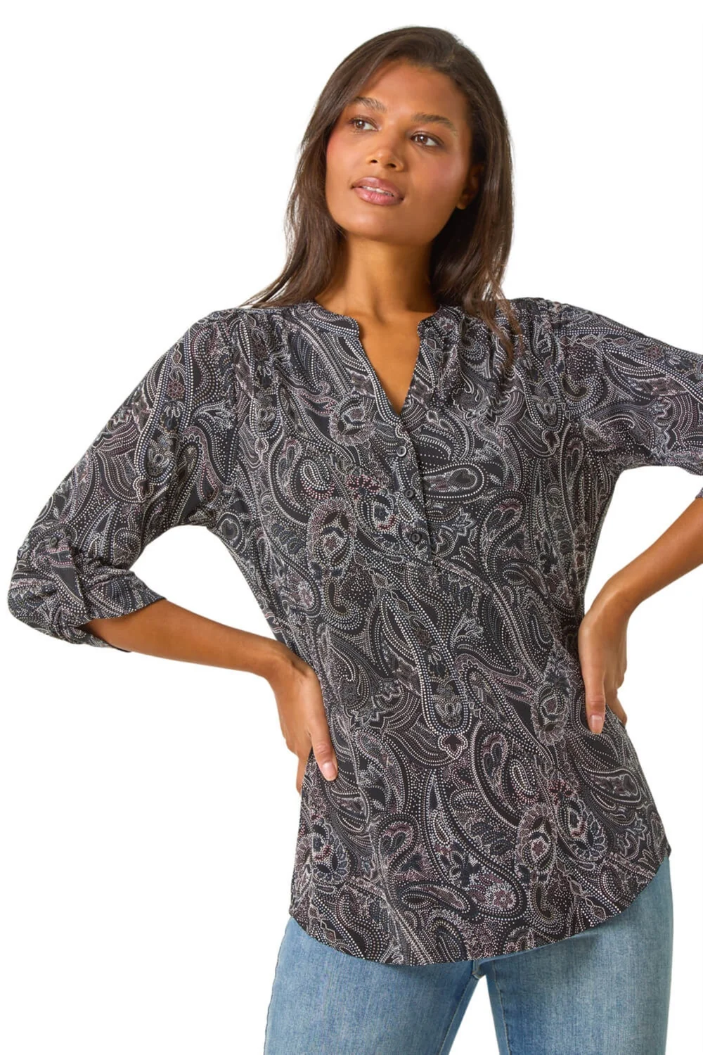 Roman Grey Textured Paisley Print Stretch Blouse - Size 10 Image 1