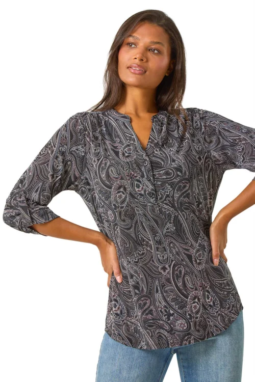 Roman Grey Textured Paisley Print Stretch Blouse - Size 10 Image 1