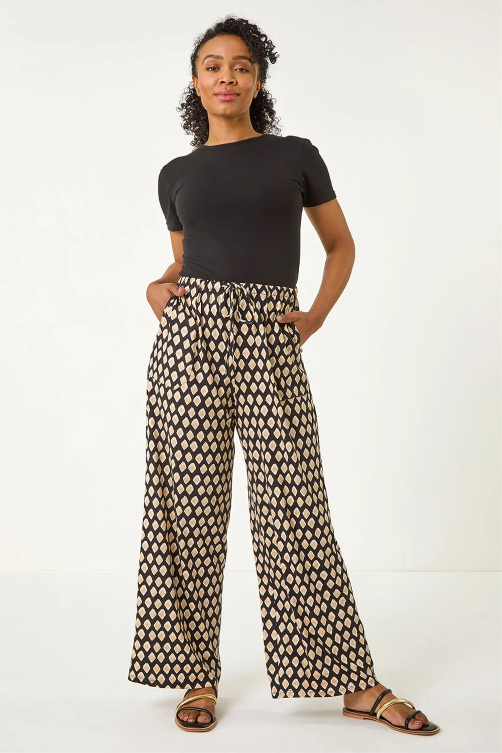 Roman Black Petite Geo Print Wide Leg Stretch Trouser - 16 Image 2