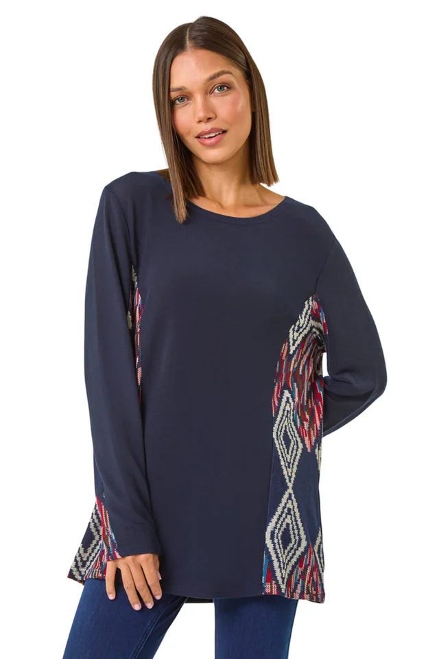Roman Midnight Blue Side Printed Stretch Tunic Top
