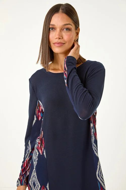 Roman Midnight Blue Side Printed Stretch Tunic Top - Size 10 Image 4