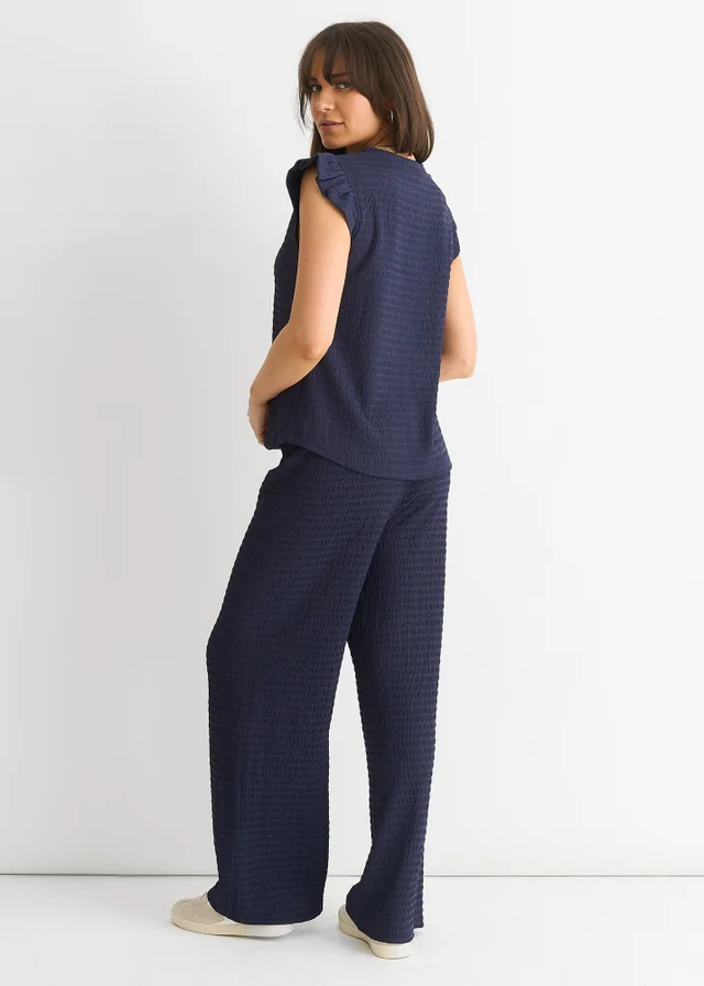 Gini London Dark Blue Frill Sleeves Textured Oversized Top