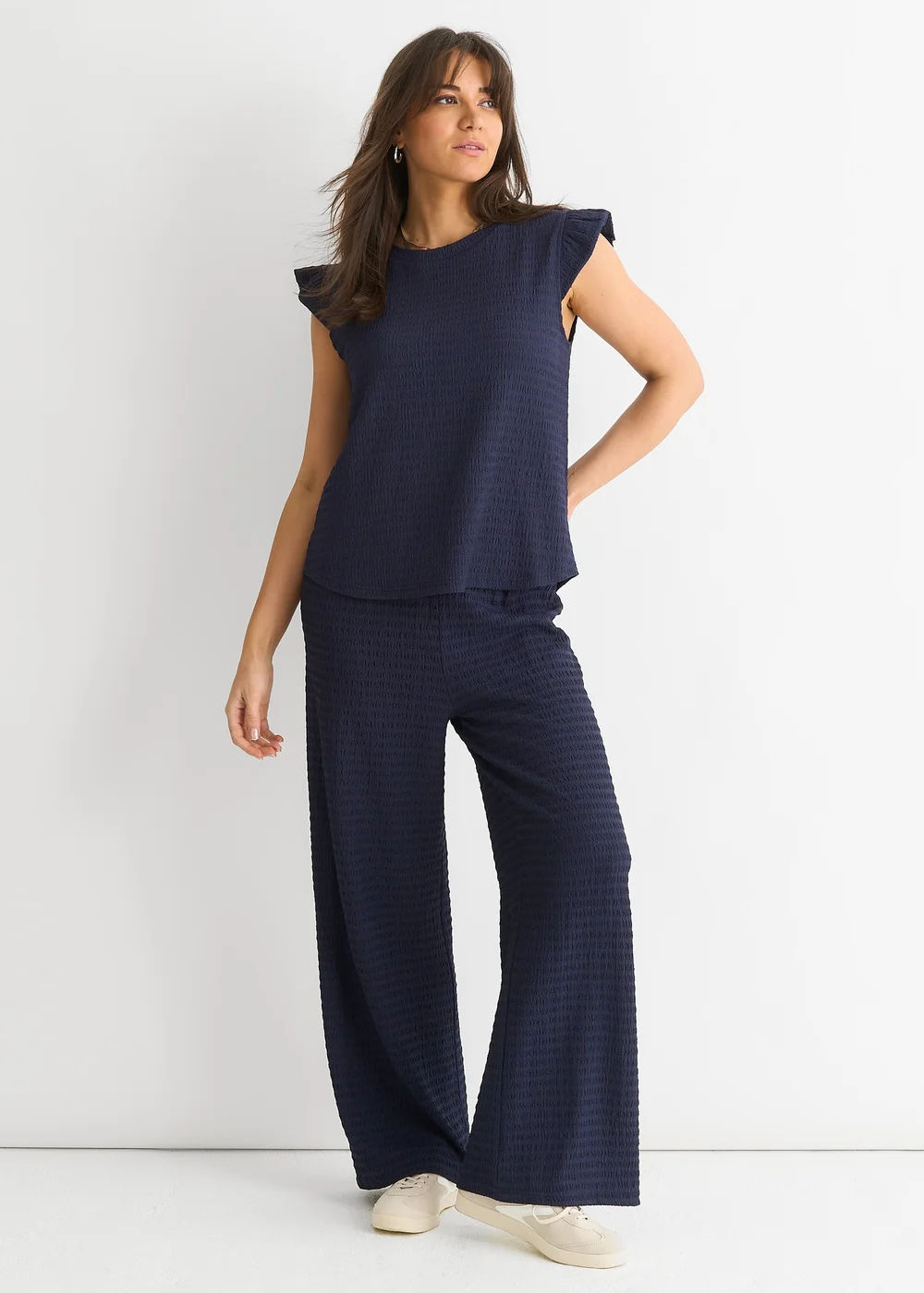 Gini London Dark Blue Frill Sleeves Textured Oversized Top - S/M Image 1