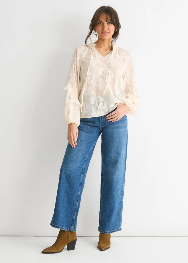 Gini London Cream Jacquard Floral Long Sleeve Blouse