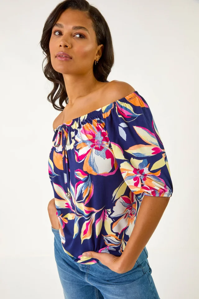 Roman Navy Floral Print Bardot Stretch Top