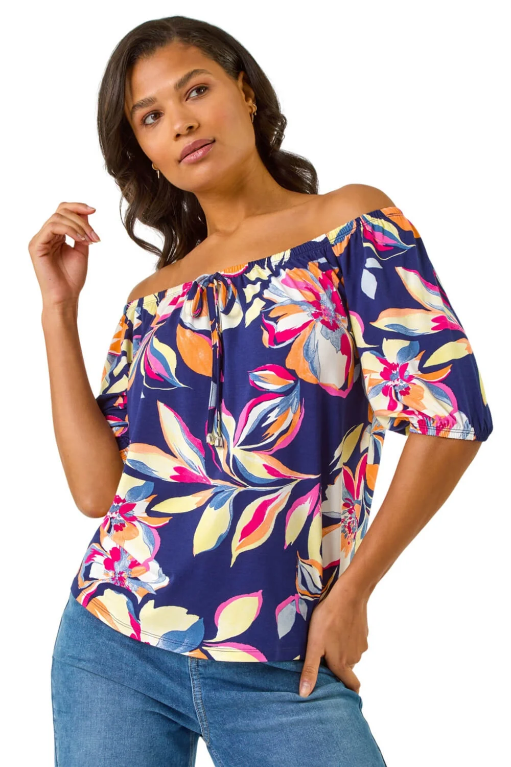 Roman Navy Floral Print Bardot Stretch Top - Size 18 Image 1