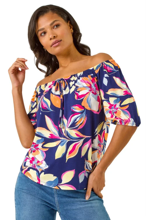 Roman Navy Floral Print Bardot Stretch Top - Size 18 Image 1