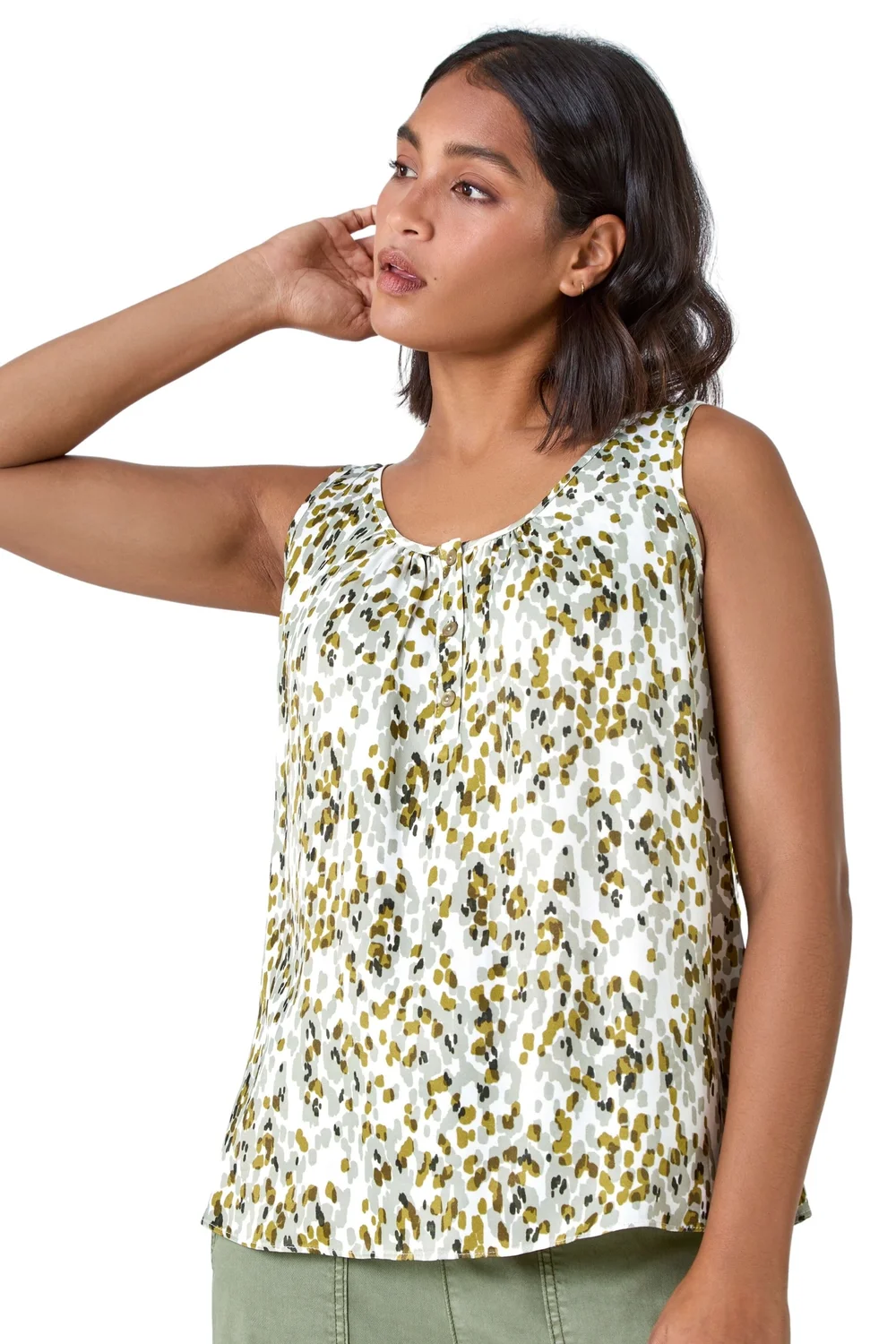 Roman Khaki Abstract Spot Print Button Vest - Size 10 Image 1