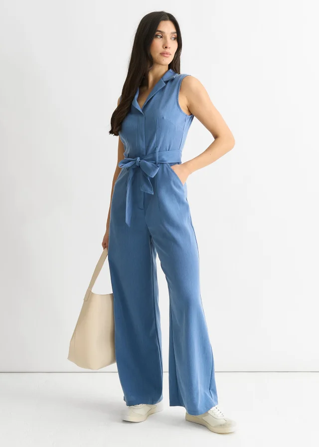 Gini London Blue Chambray Sleeveless Utility Jumpsuit