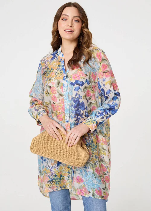 Izabel London Blue Floral Print Longline Semi Sheer Shirt - 14 Image 1