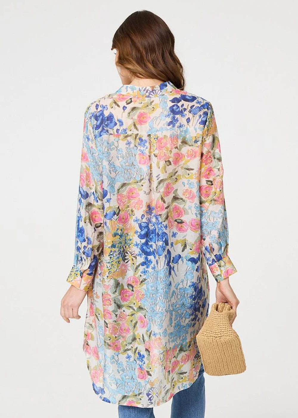 Izabel London Blue Floral Print Longline Semi Sheer Shirt - 14 Image 2