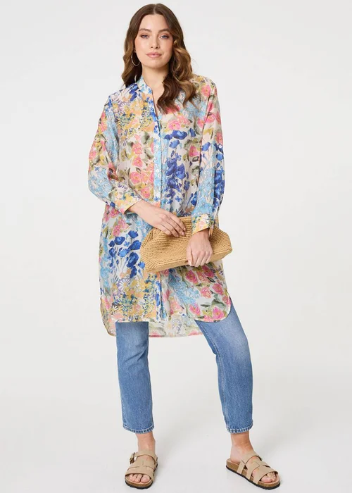 Izabel London Blue Floral Print Longline Semi Sheer Shirt - 14 Image 4