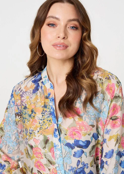 Izabel London Blue Floral Print Longline Semi Sheer Shirt - 14 Image 3