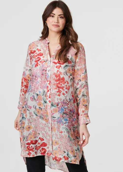 Izabel London Pink Floral Print Longline Semi Sheer Shirt - 16 Image 1