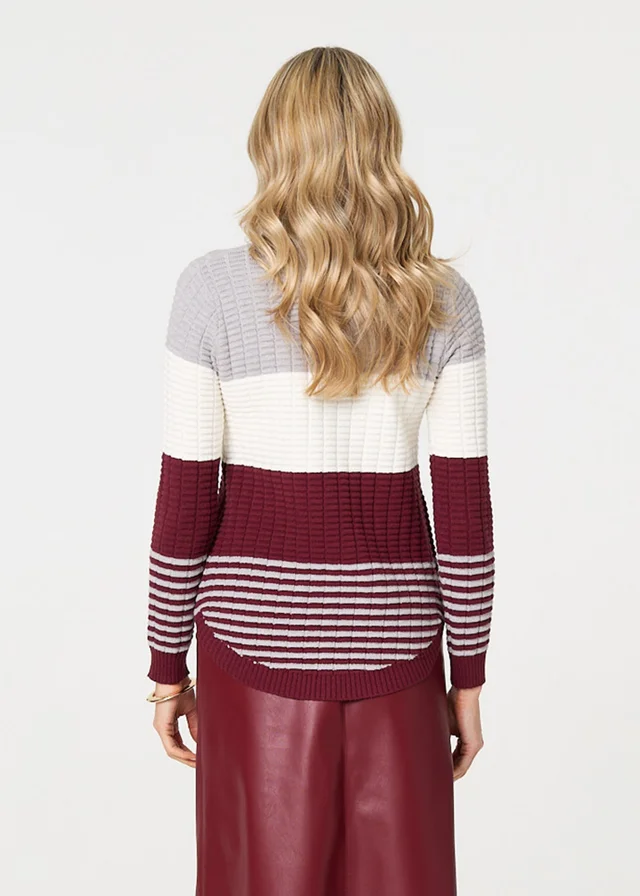 Izabel London Red Colour Block Textured Curve Hem Jumper