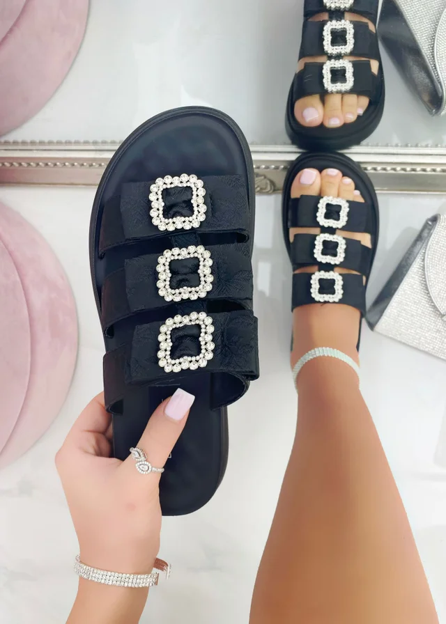 Love Lemonade Black Crystal Buckle Triple Bow Sliders